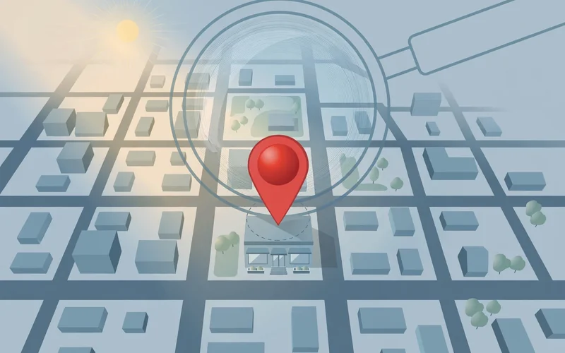 Editorial illustration of a stylized city street map with a red map pin over a small storefront, under a magnifying glass.