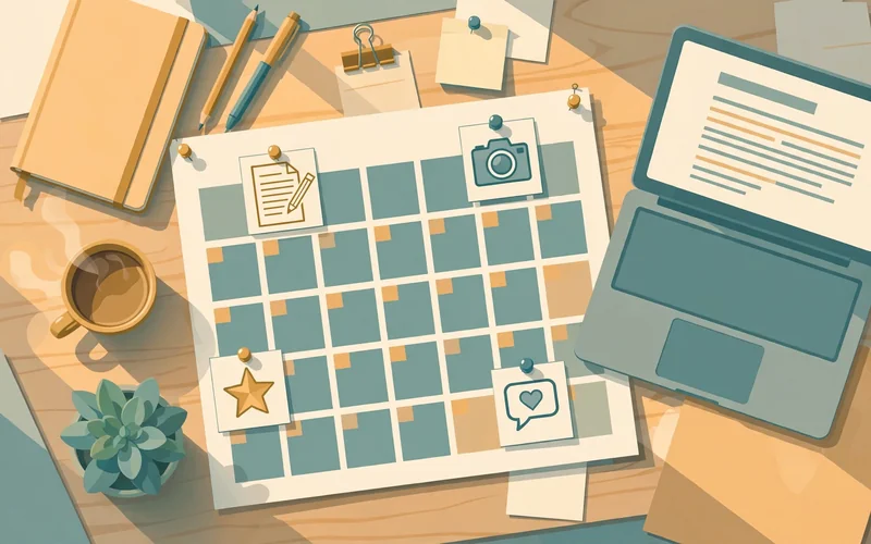 Illustration of a monthly content calendar with blog, photo, review, and comment icons beside a laptop on a desk.
