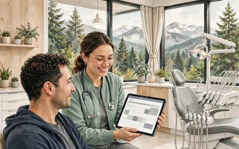 Dentist reviewing a digital appointment schedule with a patient in a bright modern Oregon dental office