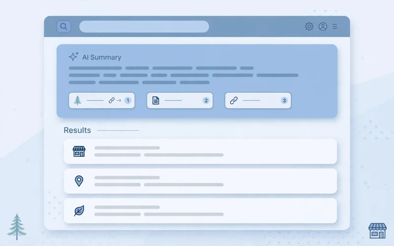 Illustration of a search results page with an AI-generated summary panel and cited website link cards, for a guide on getting cited in Google AI Overviews