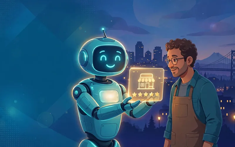AI chatbot presenting a five-star recommended-business card to an Oregon small business owner, Portland skyline at dusk