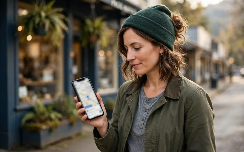 Small business owner checking a map and business listing on her smartphone outside her storefront.
