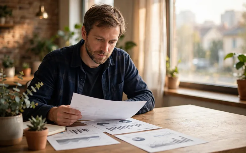 Small business owner at a desk reviewing SEO pricing reports and charts with a laptop showing analytics
