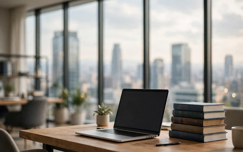 Modern law office with floor-to-ceiling windows overlooking a city skyline, a wooden desk with an open laptop and law books