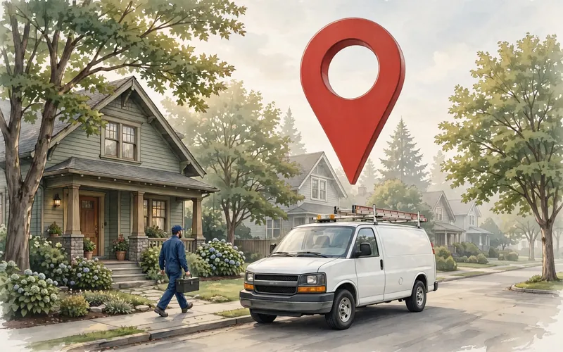 Editorial illustration of a plumber's service van parked on a residential street with a large red map pin above it