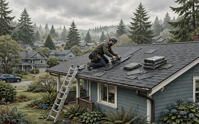 Roofer installing dark asphalt shingles on a suburban Portland home with evergreen trees in the background