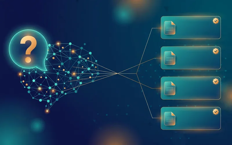 Editorial illustration showing an AI search network connecting a customer question to four cited source cards, visualizing generative engine optimization